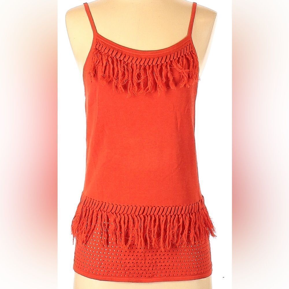 ETCETERA silk blend orange spaghetti strap top with fringe, size M